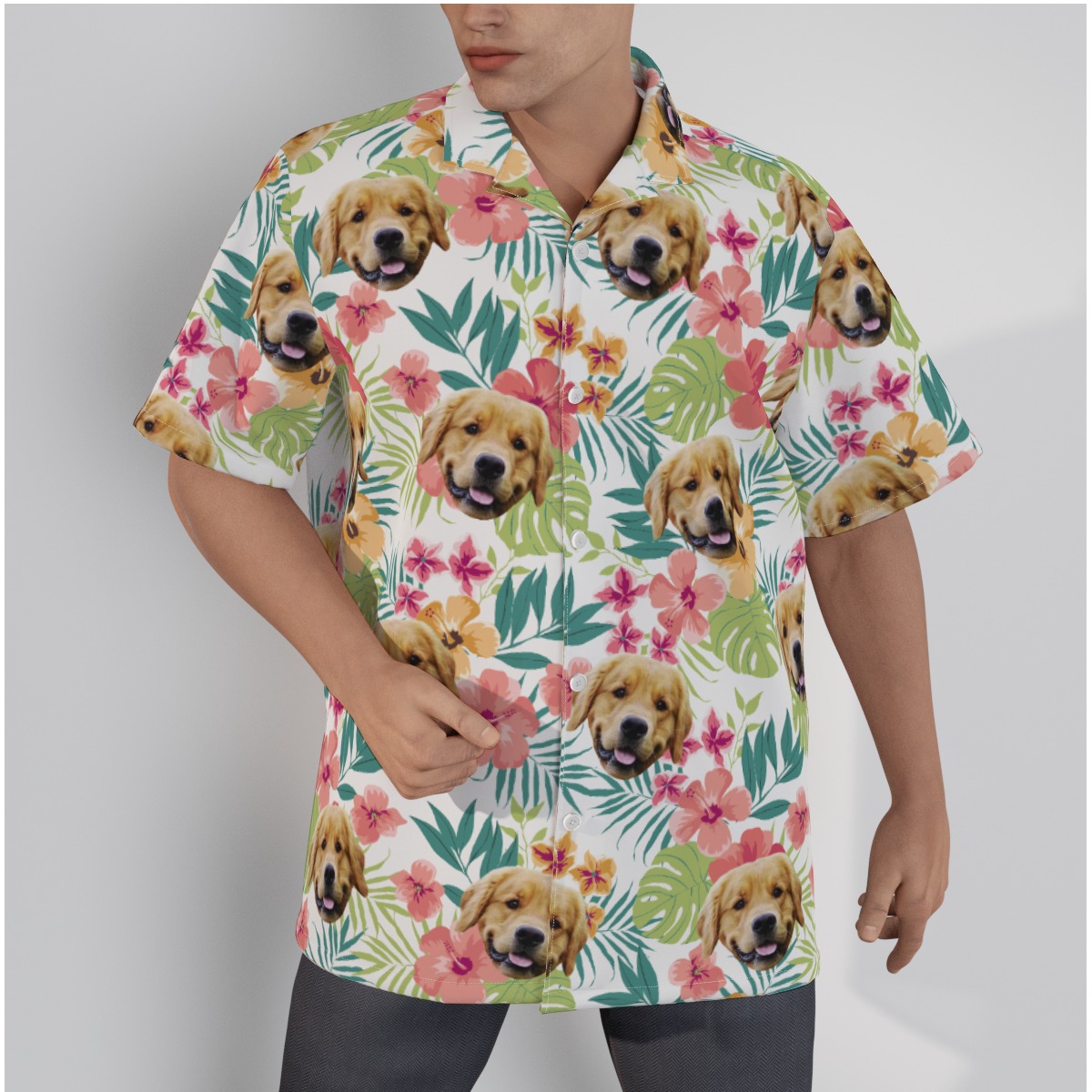Custom Men's Floral Hawaiian Shirt With Dog Face - variant image 1