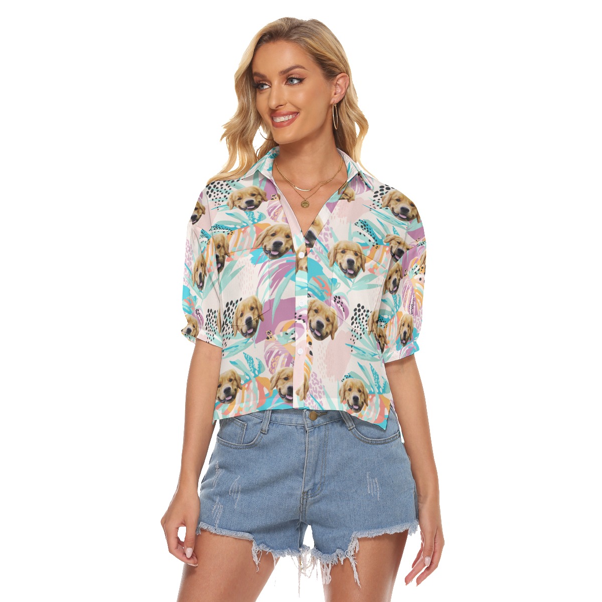 Custom Dog Face Tropical Leaves Pink Hawaiian Crop Top Shirt - variant image 1