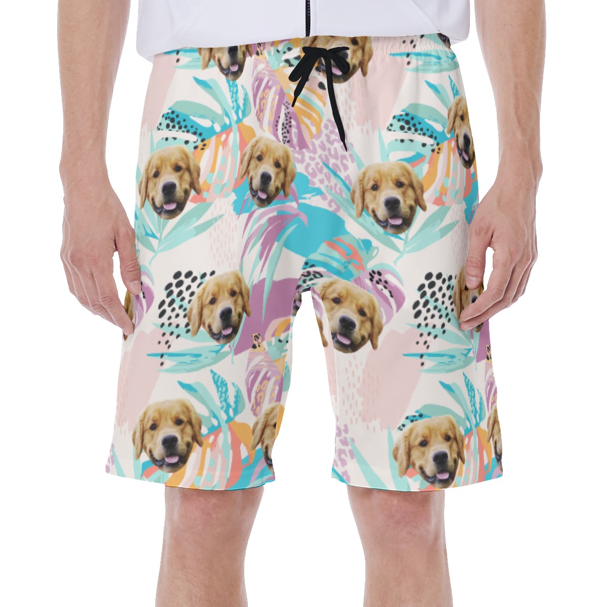 Custom Dog Face Tropical Leaves Hawaiian Swim Trunks For Men - variant image 1