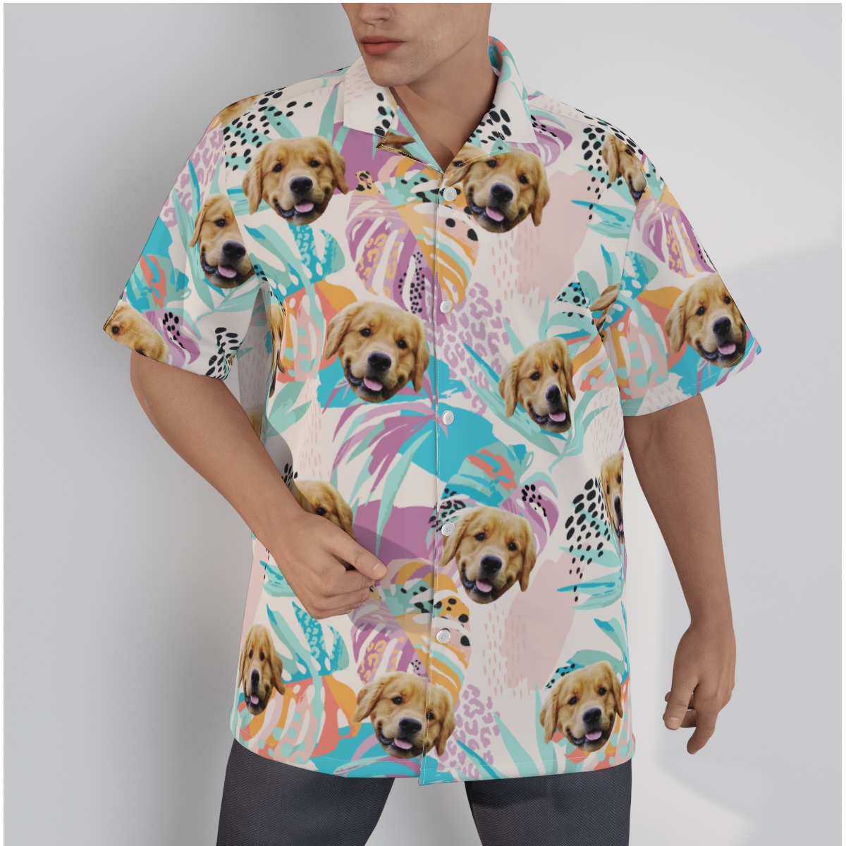 Custom Men's Tropical Leaves Hawaiian Shirt With Dog Face - variant image 1