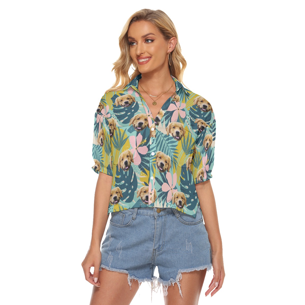 Cute Custom Pet Face Tropical Blue Hawaiian Cropped Shirt For Women - variant image 1