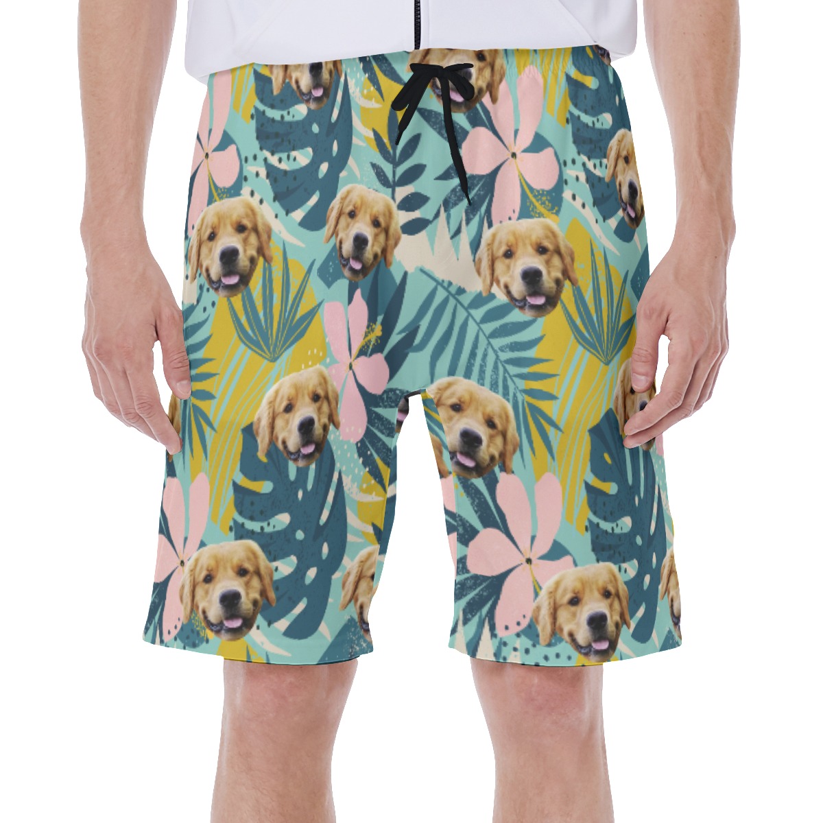 Cute Custom Pet Face Tropical Blue Hawaiian Swim Trunks For Men - variant image 1