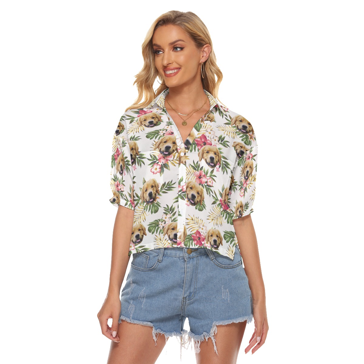 Customized Floral Hawaiian Cropped Shirt With Dog Face - variant image 1