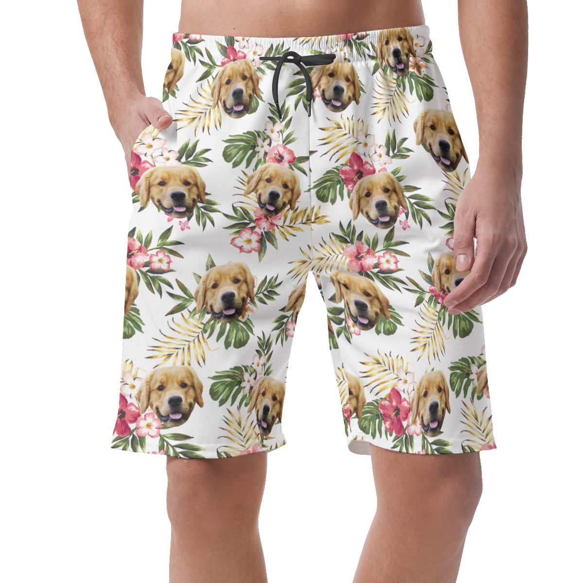 Custom Dog Face Floral White Hawaiian Beach Shorts For Men - variant image 1