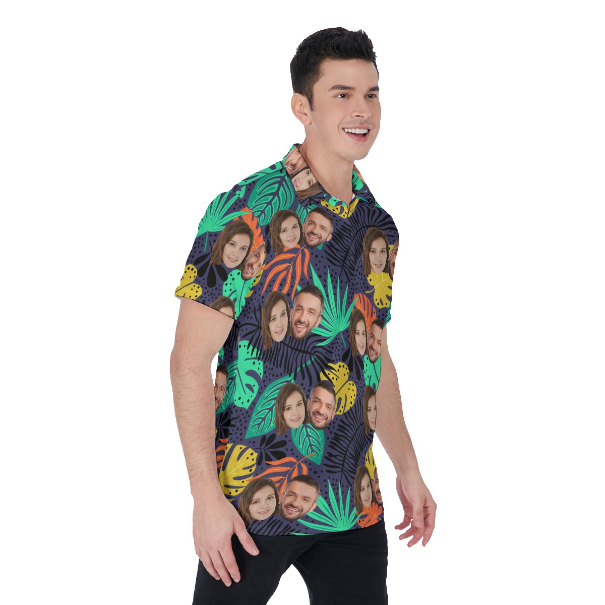 Tropical Leaf Men's Polo Shirt With Custom Couple Faces