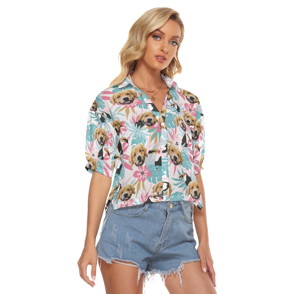 Custom Dog Face Tropical Toucans Hawaiian Crop Top Shirt For Women