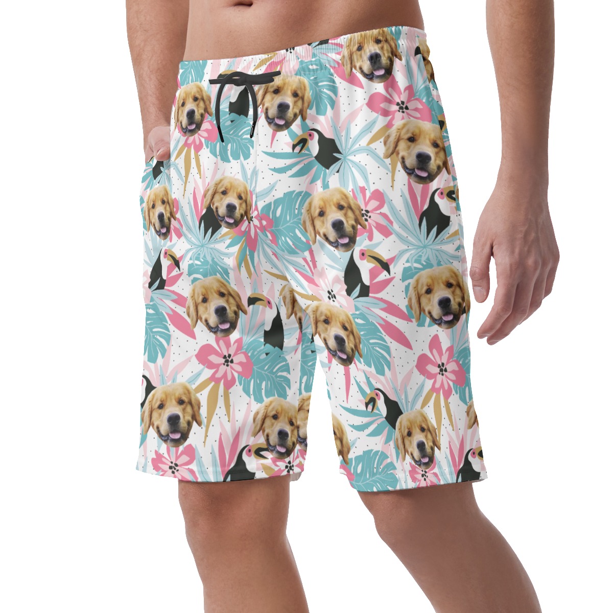 Custom Dog Face Tropical Toucans Hawaiian Beach Shorts For Men