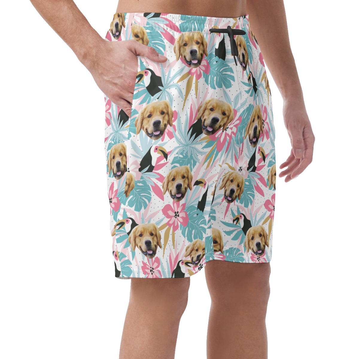 Custom Dog Face Tropical Toucans Hawaiian Beach Shorts For Men