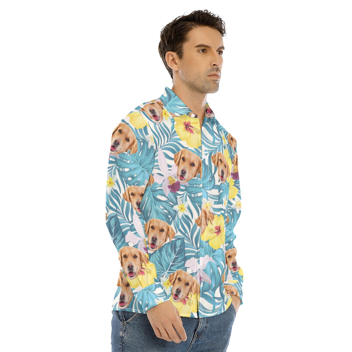 Custom Dog Face Long Sleeve Hawaiian Shirt For Men