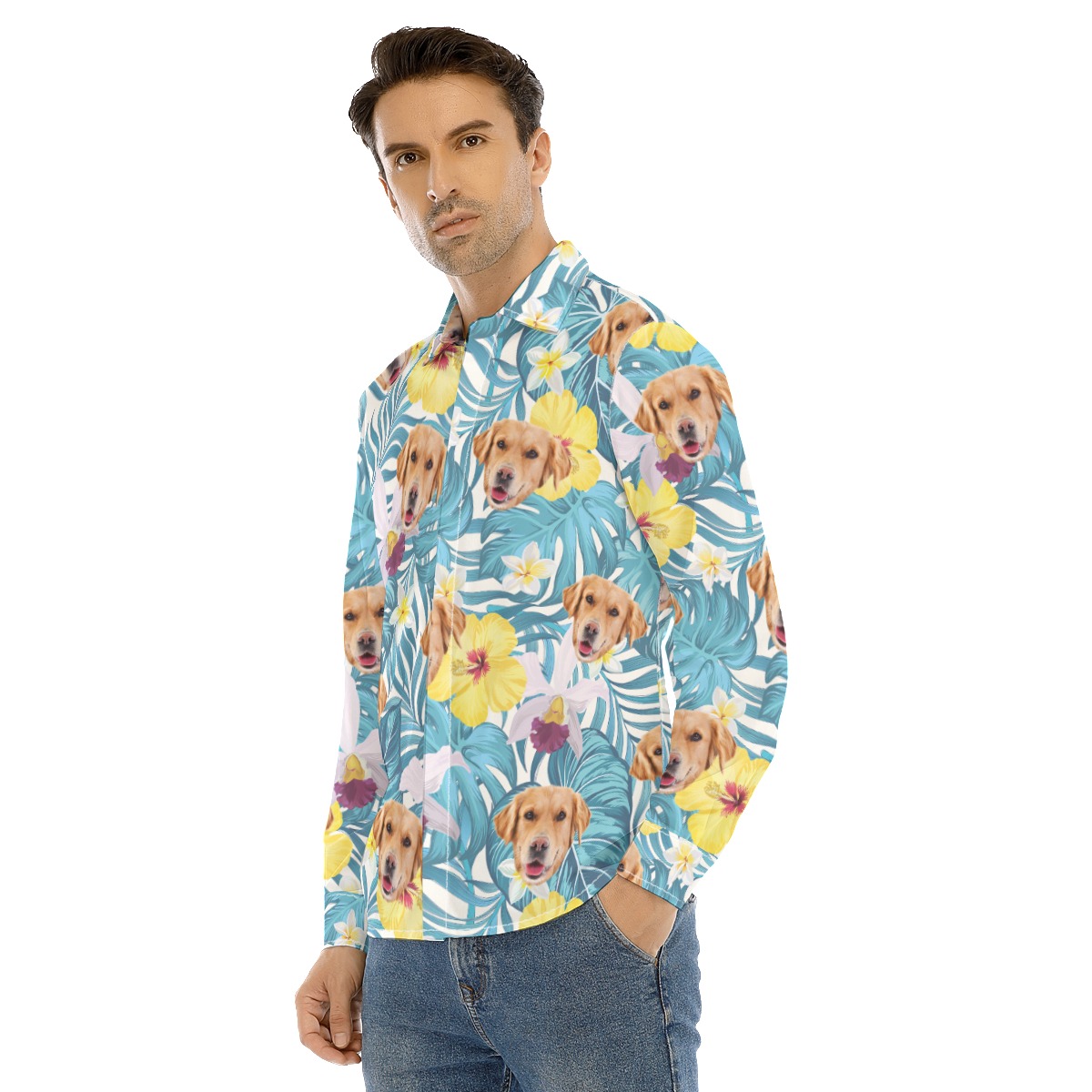Custom Dog Face Long Sleeve Hawaiian Shirt For Men