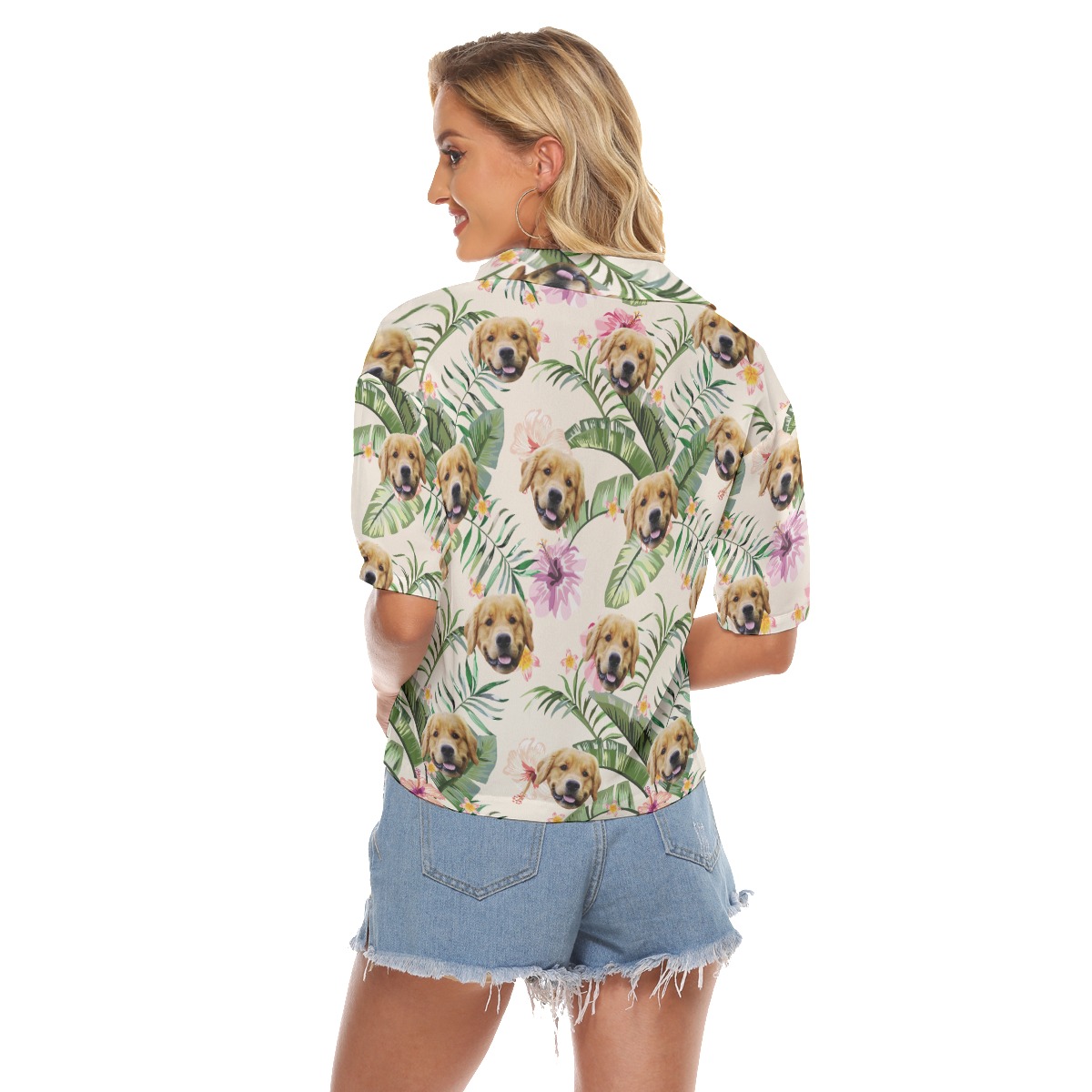 Custom Dog Face Hibicus Hawaiian Crop Top Shirt For Women