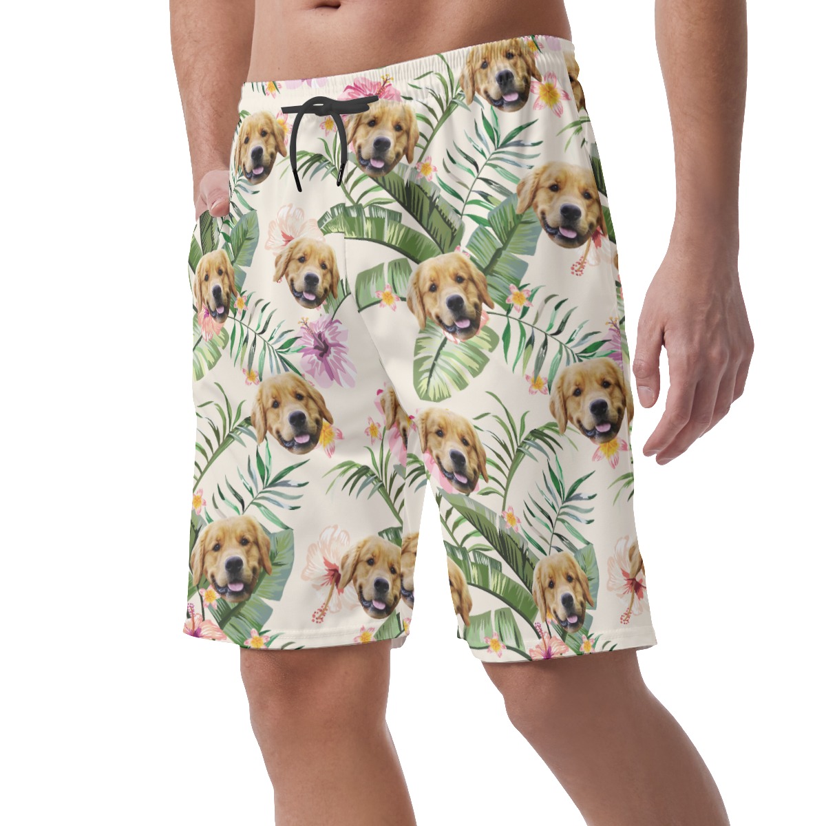 Custom Pet Face Hibicus Hawaiian Summer Beach Shorts For Men