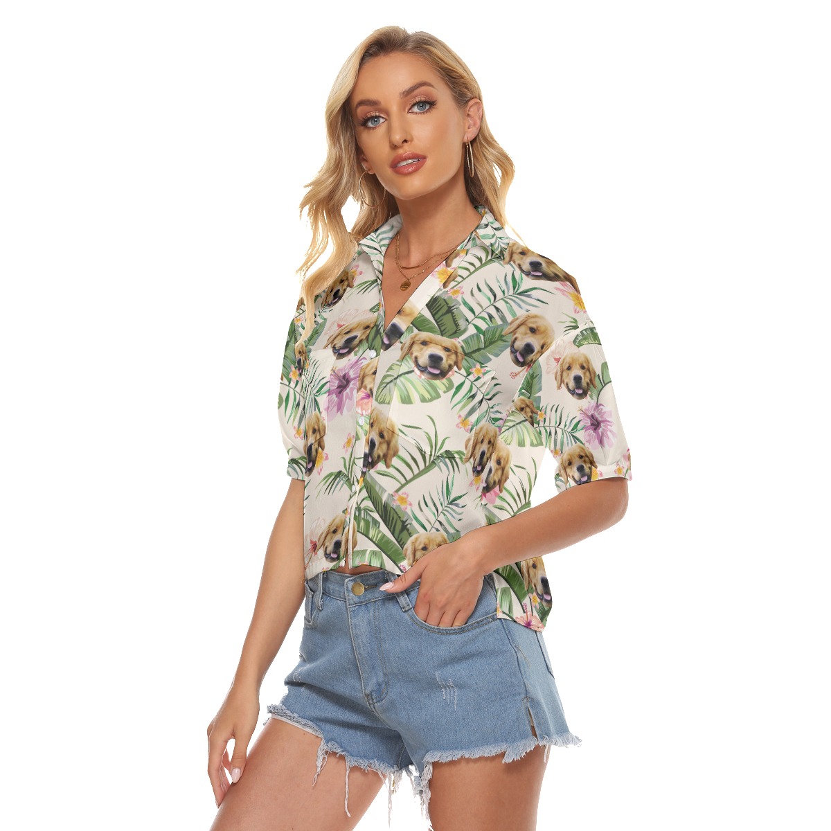 Custom Dog Face Hibicus Hawaiian Crop Top Shirt For Women