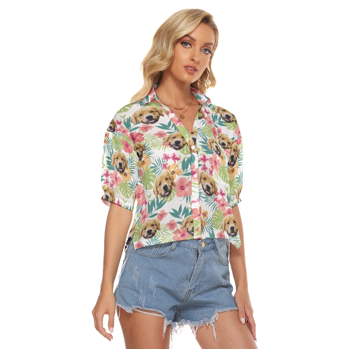 Custom Pet Face Floral Aloha Crop Top Shirt For Women