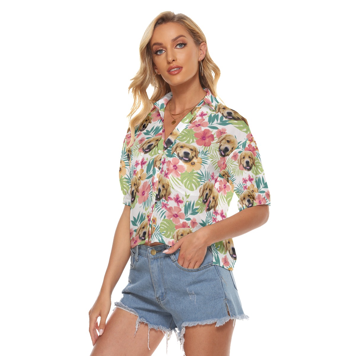 Custom Pet Face Floral Aloha Crop Top Shirt For Women