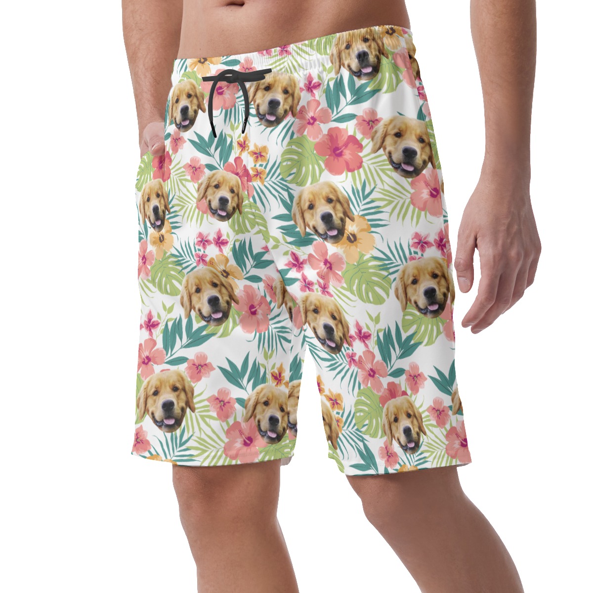 Custom Pet Face Floral Hawaiian Summer Beach Shorts For Men