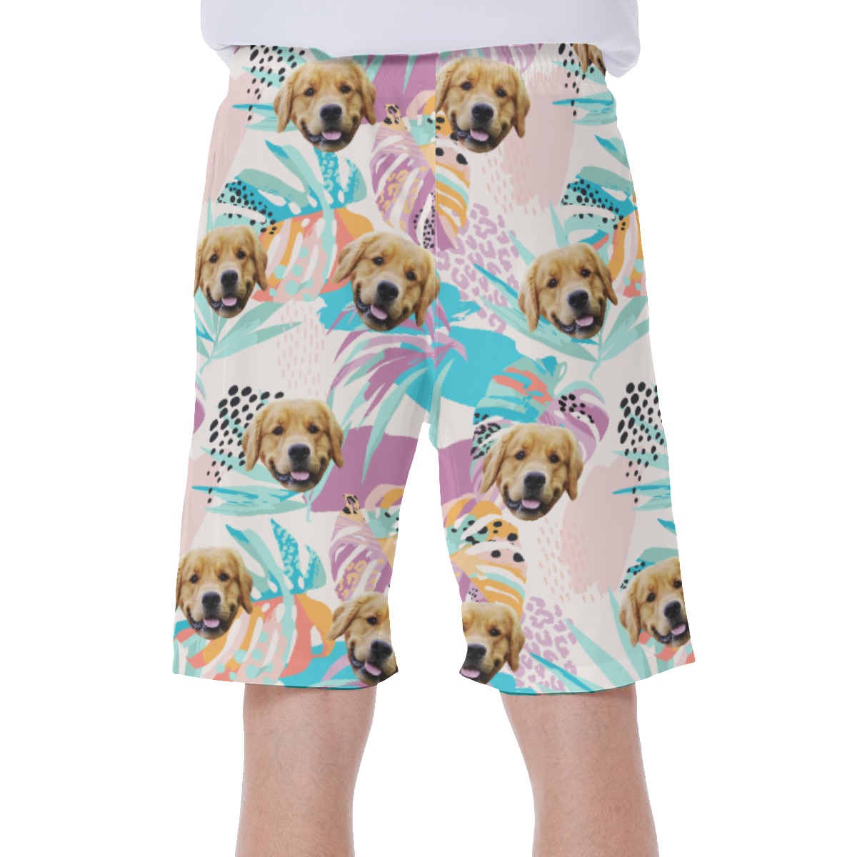 Custom Dog Face Tropical Leaves Hawaiian Swim Trunks For Men