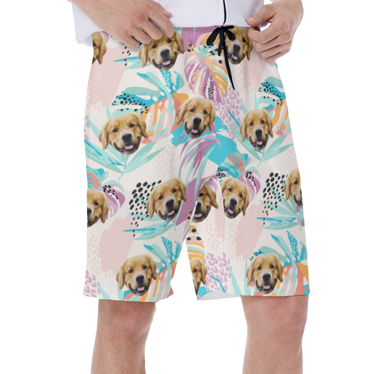 Custom Dog Face Tropical Leaves Hawaiian Swim Trunks For Men