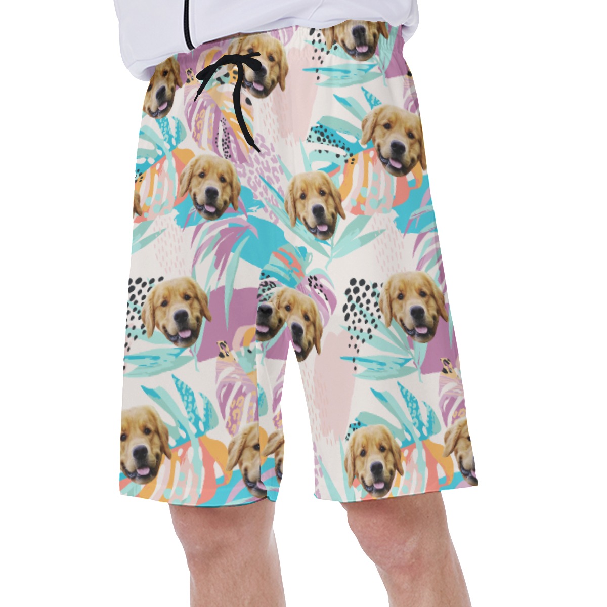 Custom Dog Face Tropical Leaves Hawaiian Swim Trunks For Men