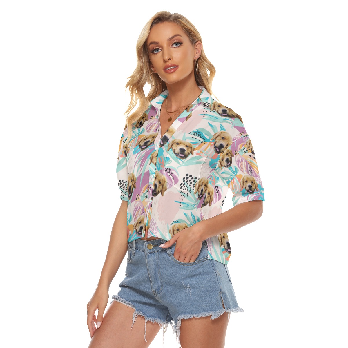 Custom Dog Face Tropical Leaves Pink Hawaiian Crop Top Shirt