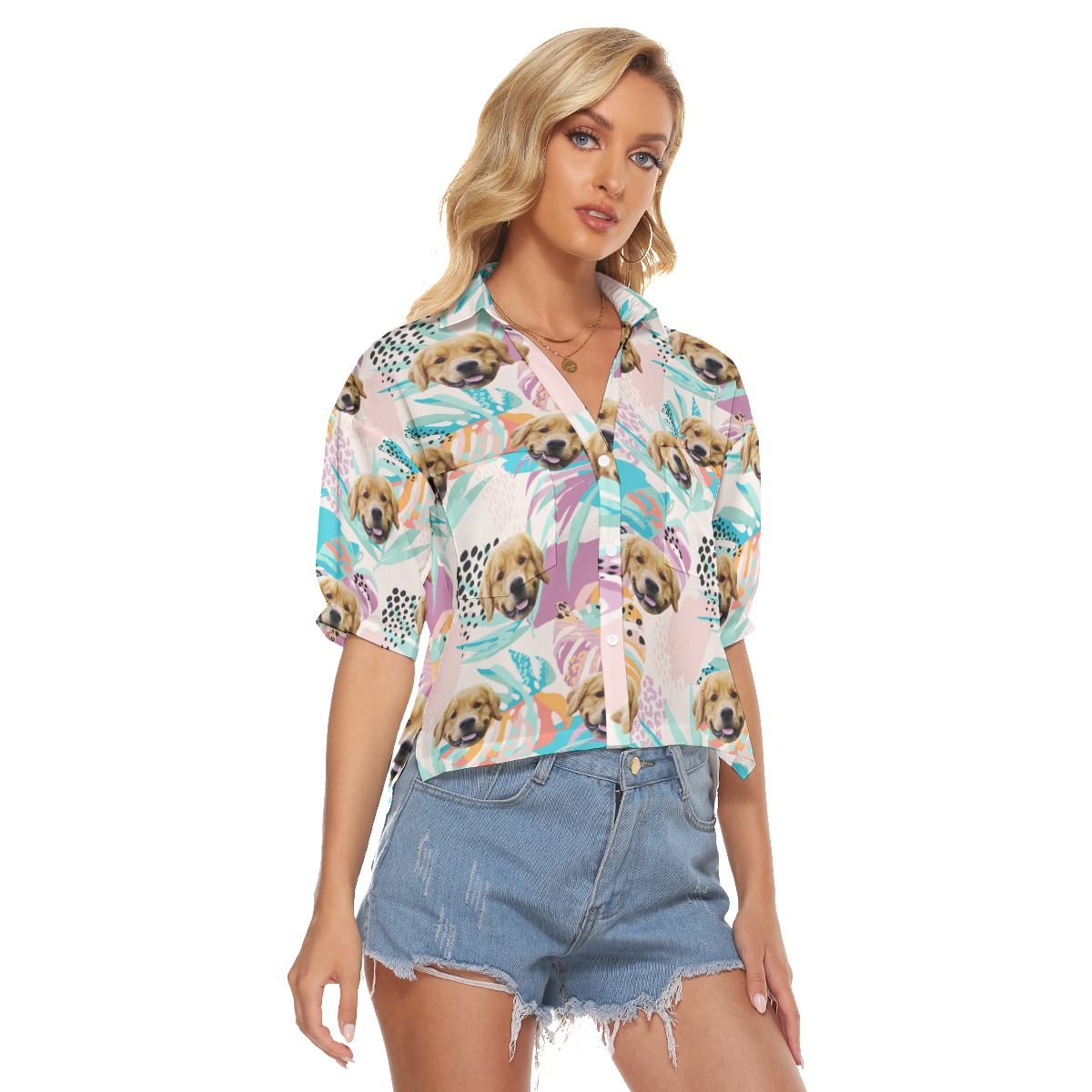 Custom Dog Face Tropical Leaves Pink Hawaiian Crop Top Shirt
