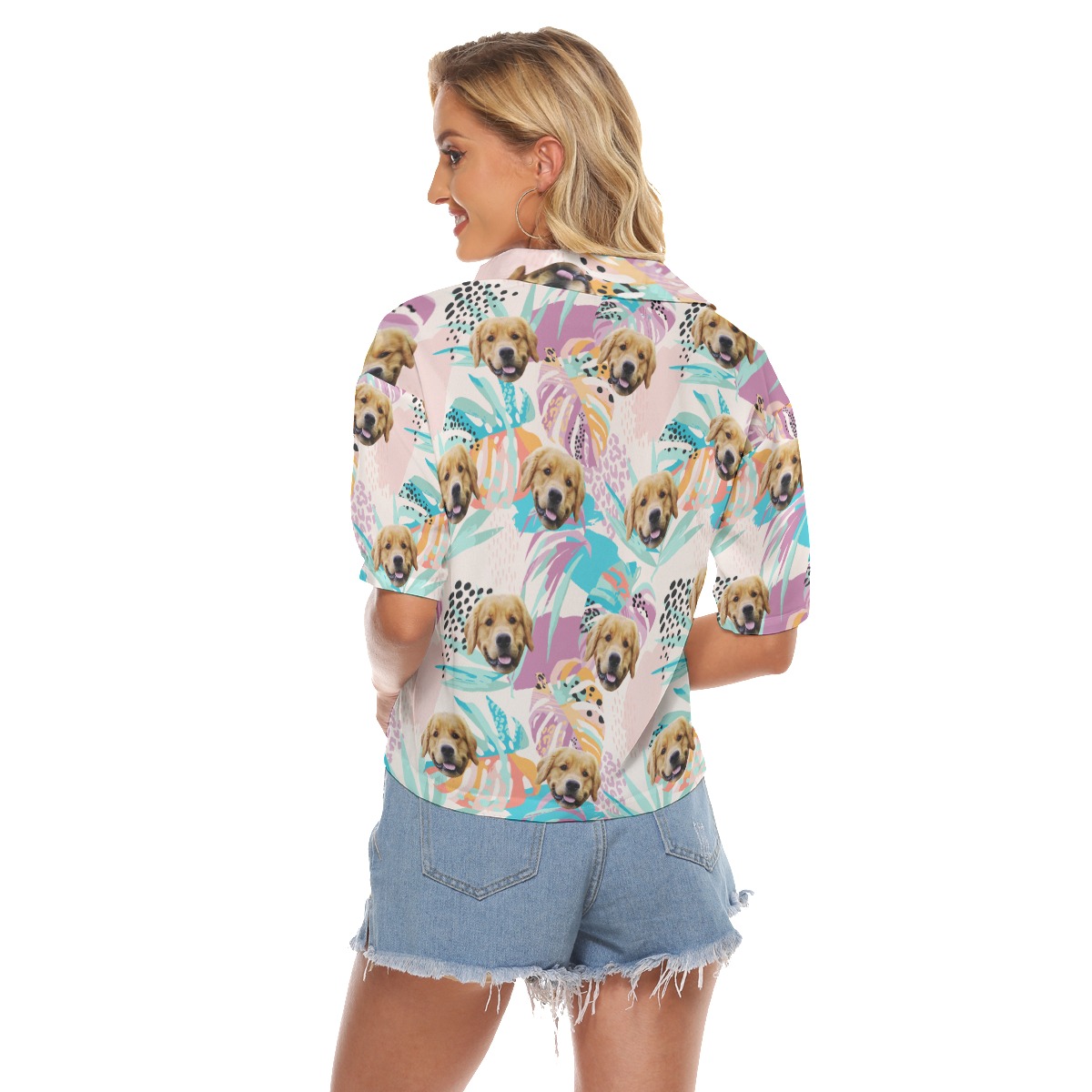 Custom Dog Face Tropical Leaves Pink Hawaiian Crop Top Shirt