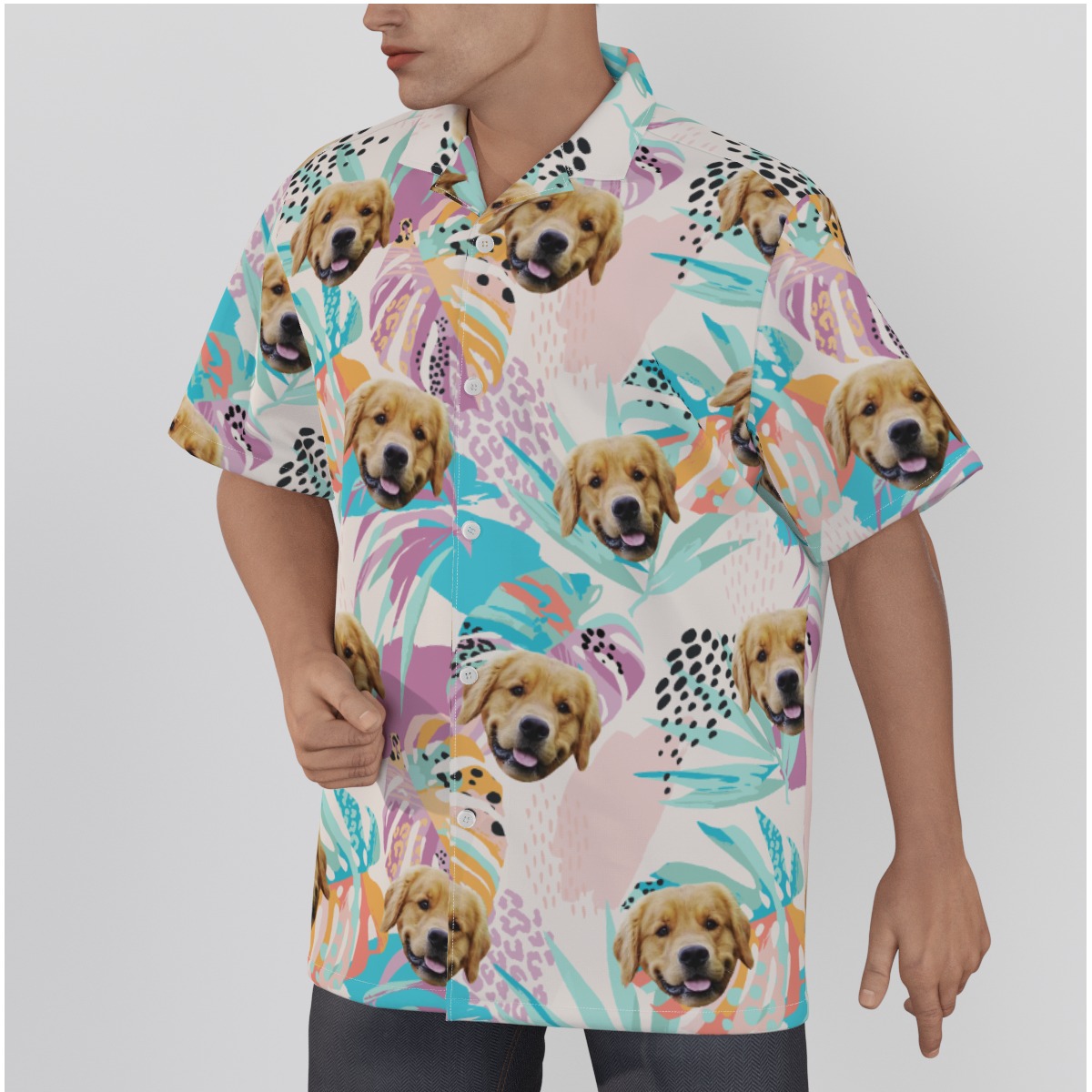 Custom Men's Tropical Leaves Hawaiian Shirt With Dog Face