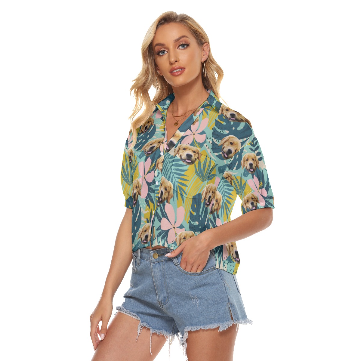 Cute Custom Pet Face Tropical Blue Hawaiian Cropped Shirt For Women