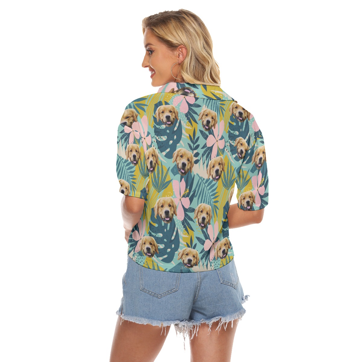 Cute Custom Pet Face Tropical Blue Hawaiian Cropped Shirt For Women