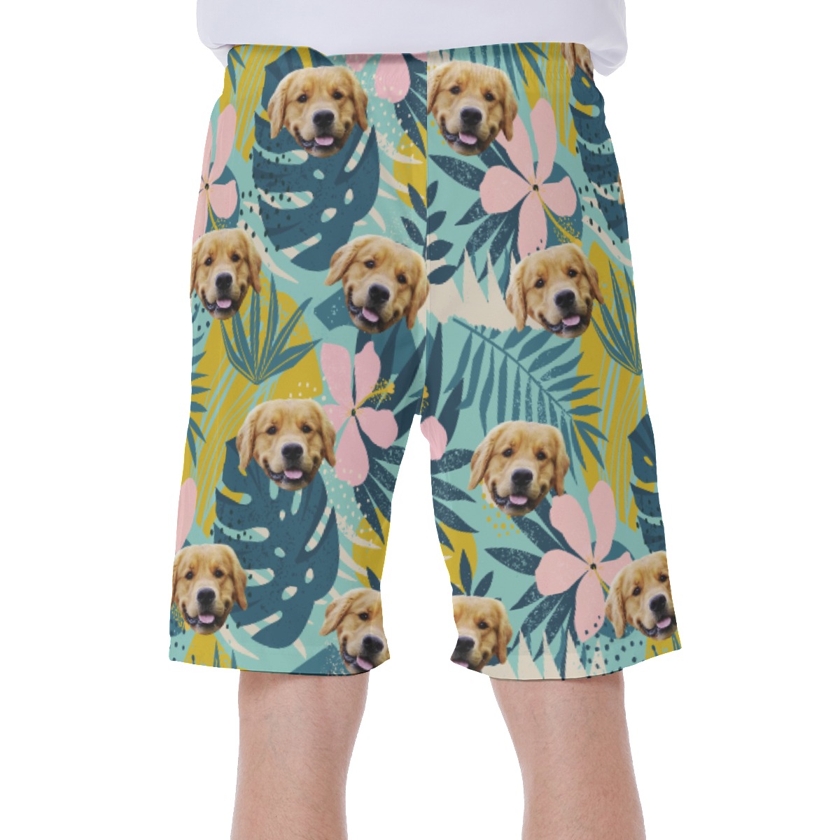 Cute Custom Pet Face Tropical Blue Hawaiian Swim Trunks For Men