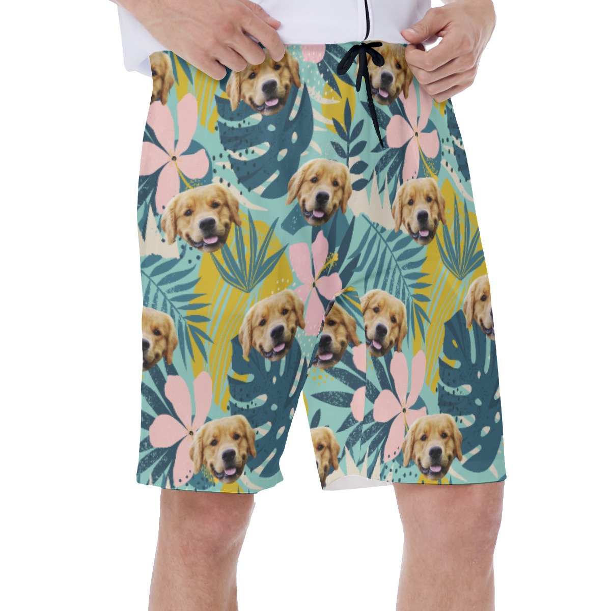 Cute Custom Pet Face Tropical Blue Hawaiian Swim Trunks For Men