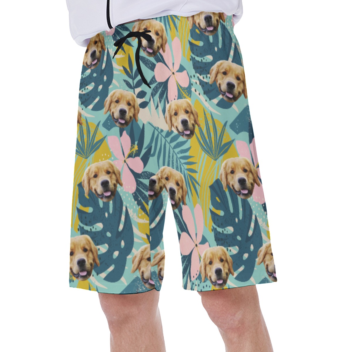 Cute Custom Pet Face Tropical Blue Hawaiian Swim Trunks For Men
