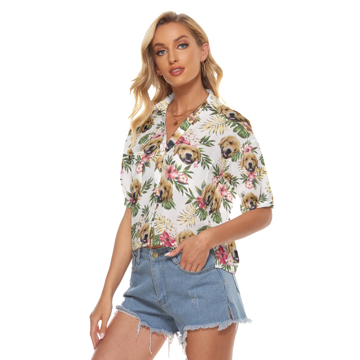 Customized Floral Hawaiian Cropped Shirt With Dog Face