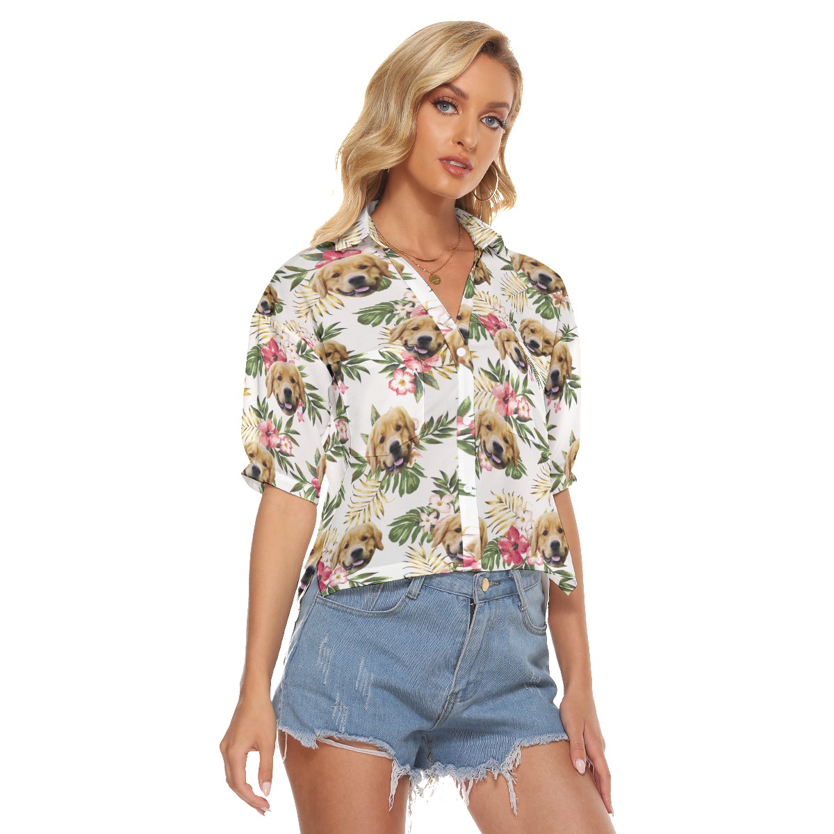 Customized Floral Hawaiian Cropped Shirt With Dog Face
