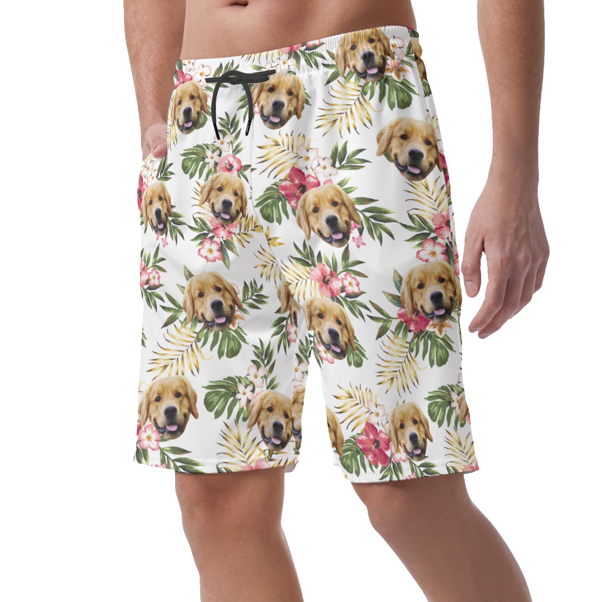 Custom Dog Face Floral White Hawaiian Beach Shorts For Men