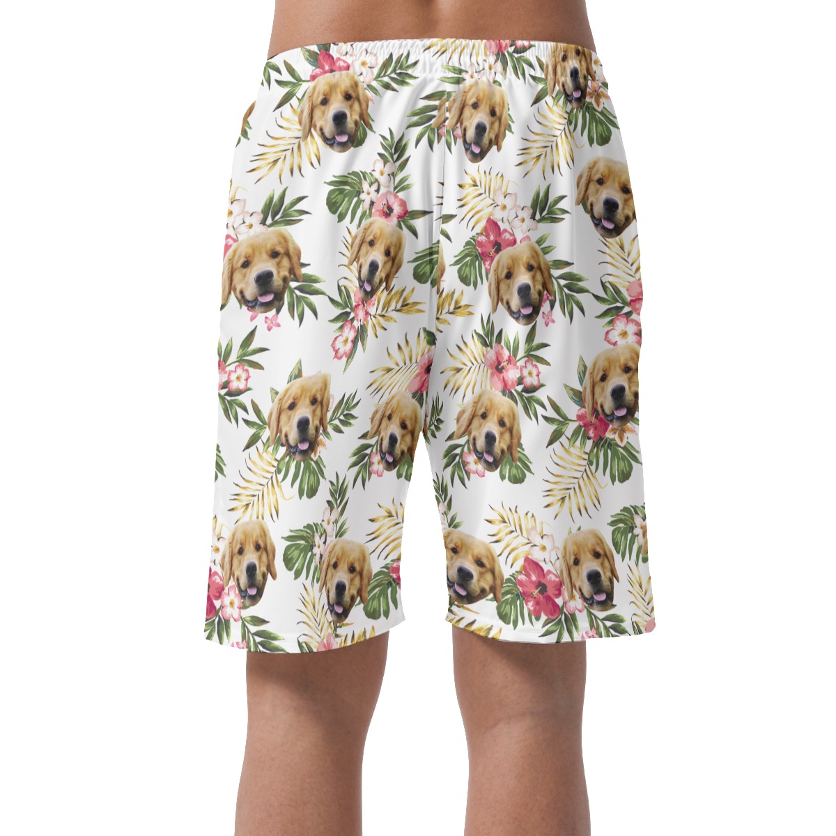 Custom Dog Face Floral White Hawaiian Beach Shorts For Men