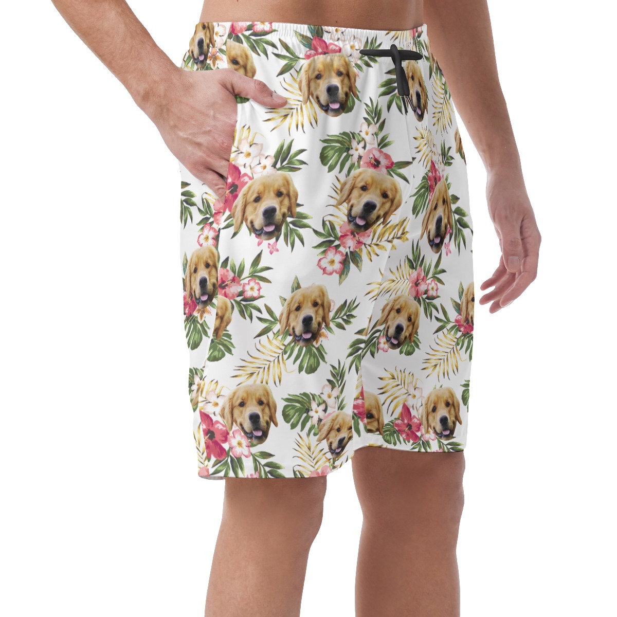 Custom Dog Face Floral White Hawaiian Beach Shorts For Men