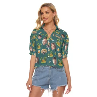 Custom Face Camping Hawaiian Crop Top Shirt For Women