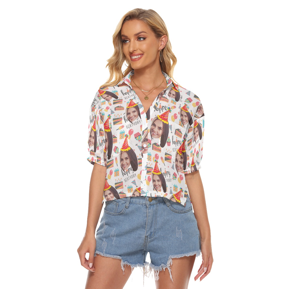Happy Birthday Custom Face Women's Hawaiian Crop Top - variant image 1