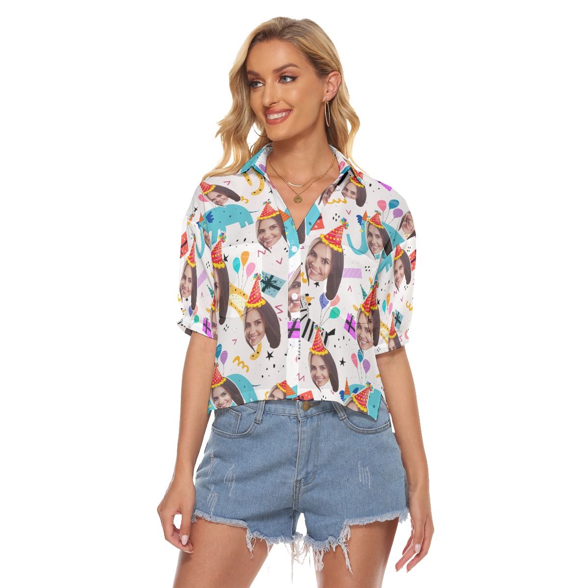 Cute Custom Face Birthday Hawaiian Crop Top Shirt For Women - variant image 1