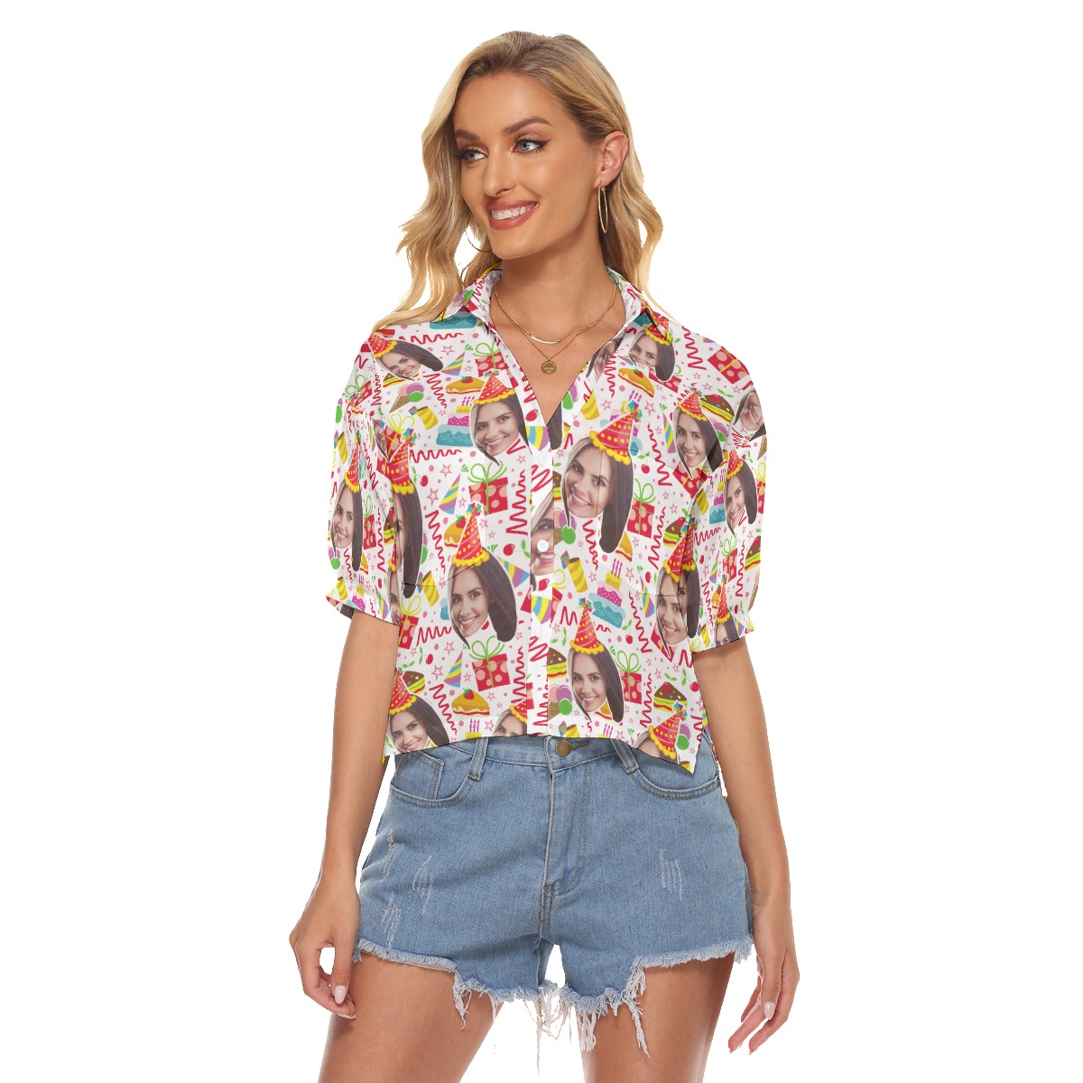 Birthday Gift Custom Face Hawaiian Crop Top Shirt For Women - variant image 1