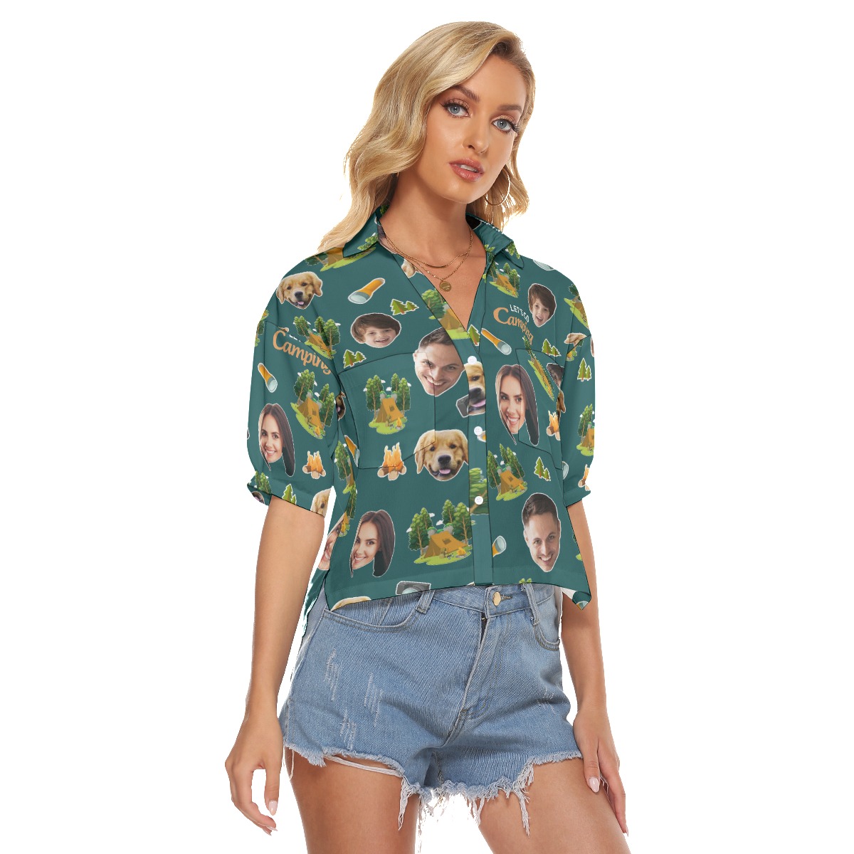 Custom Face Camping Hawaiian Crop Top Shirt For Women
