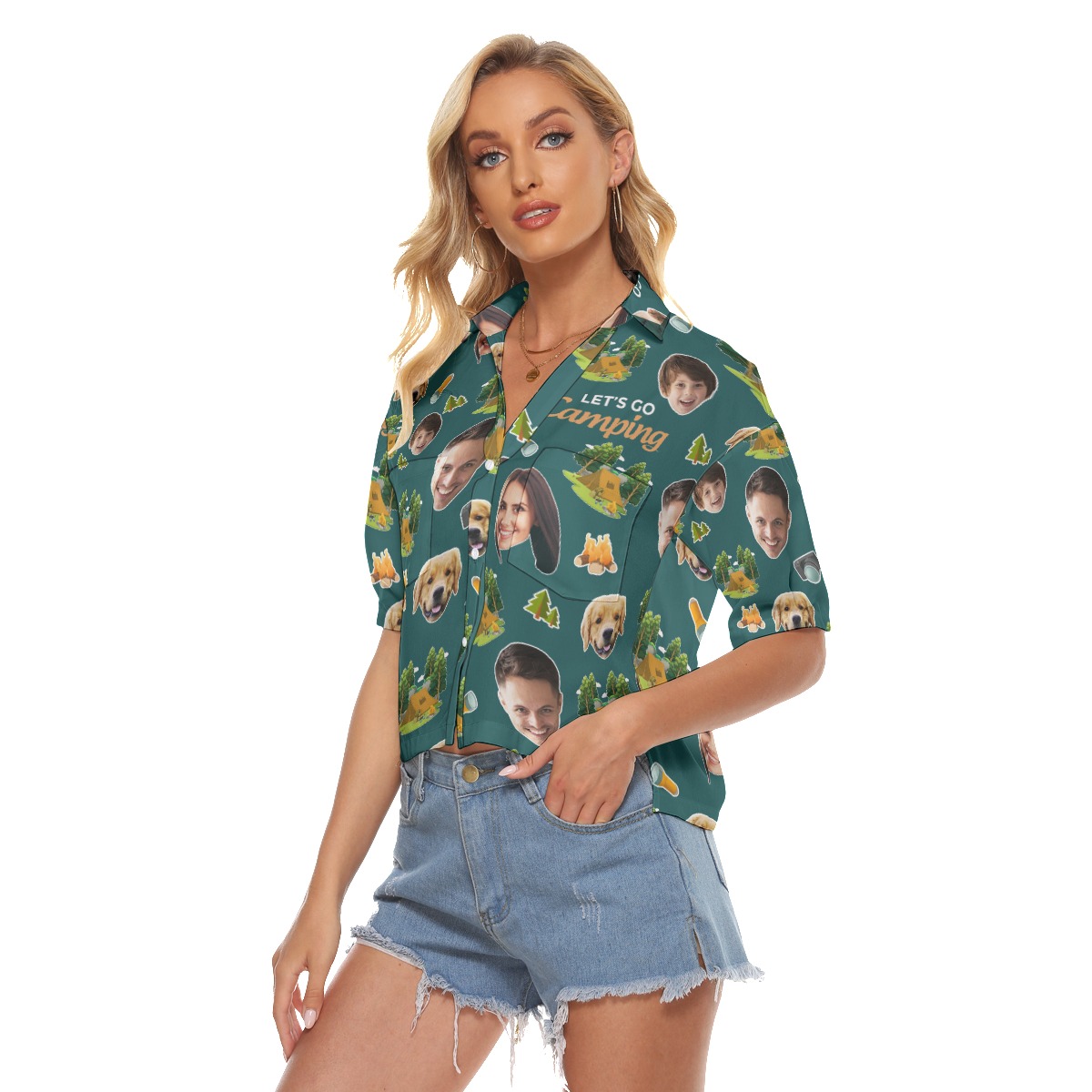 Custom Face Camping Hawaiian Crop Top Shirt For Women