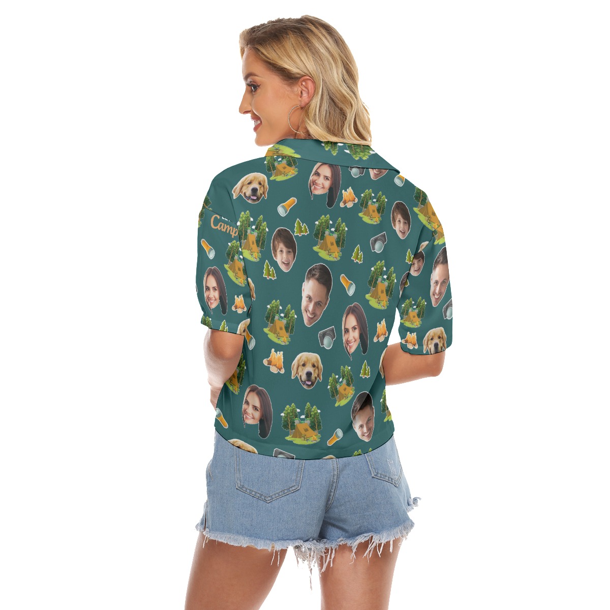 Custom Face Camping Hawaiian Crop Top Shirt For Women