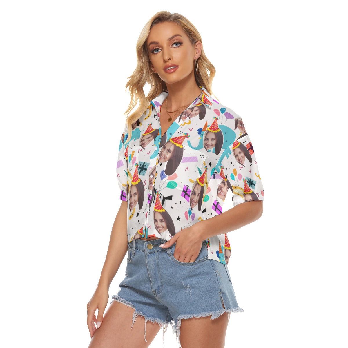 Cute Custom Face Birthday Hawaiian Crop Top Shirt For Women