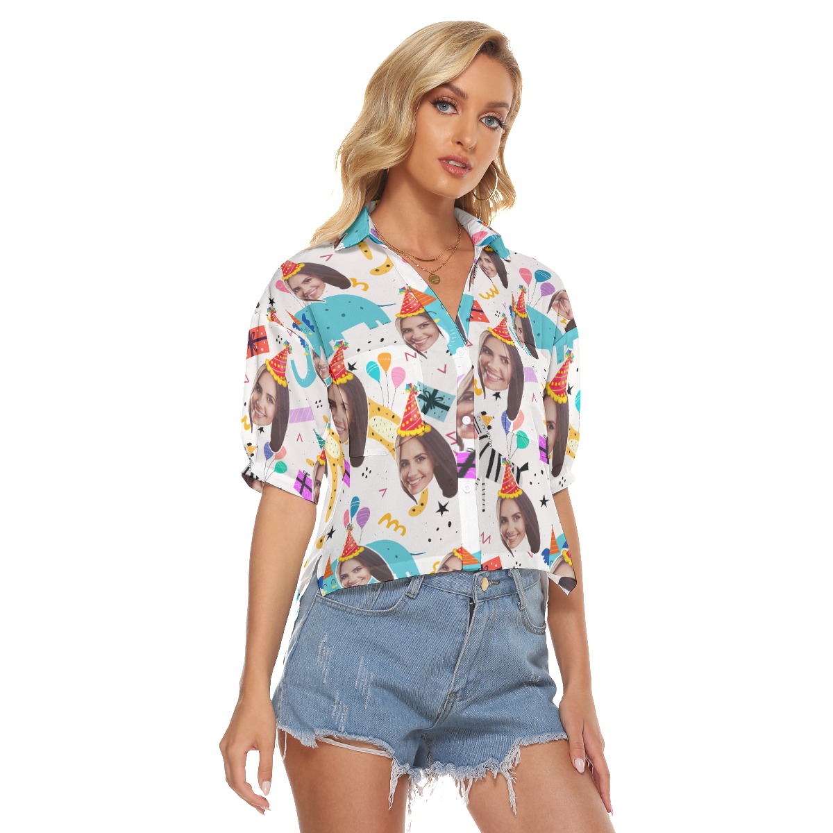 Cute Custom Face Birthday Hawaiian Crop Top Shirt For Women