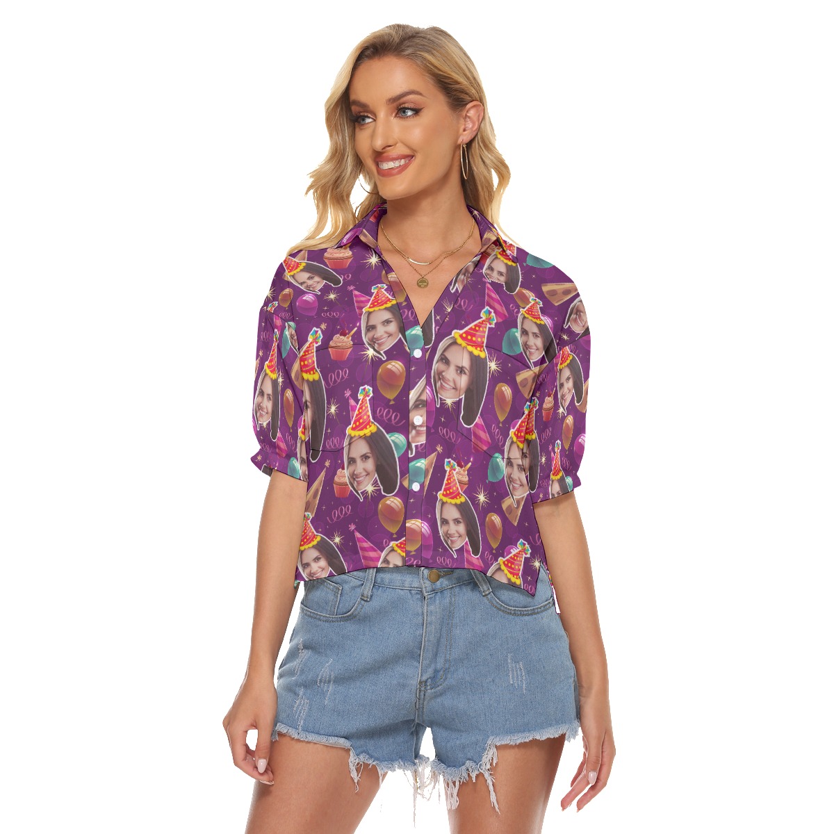 Custom Face Hawaiian Crop Top Shirt For Birthday Party - variant image 1