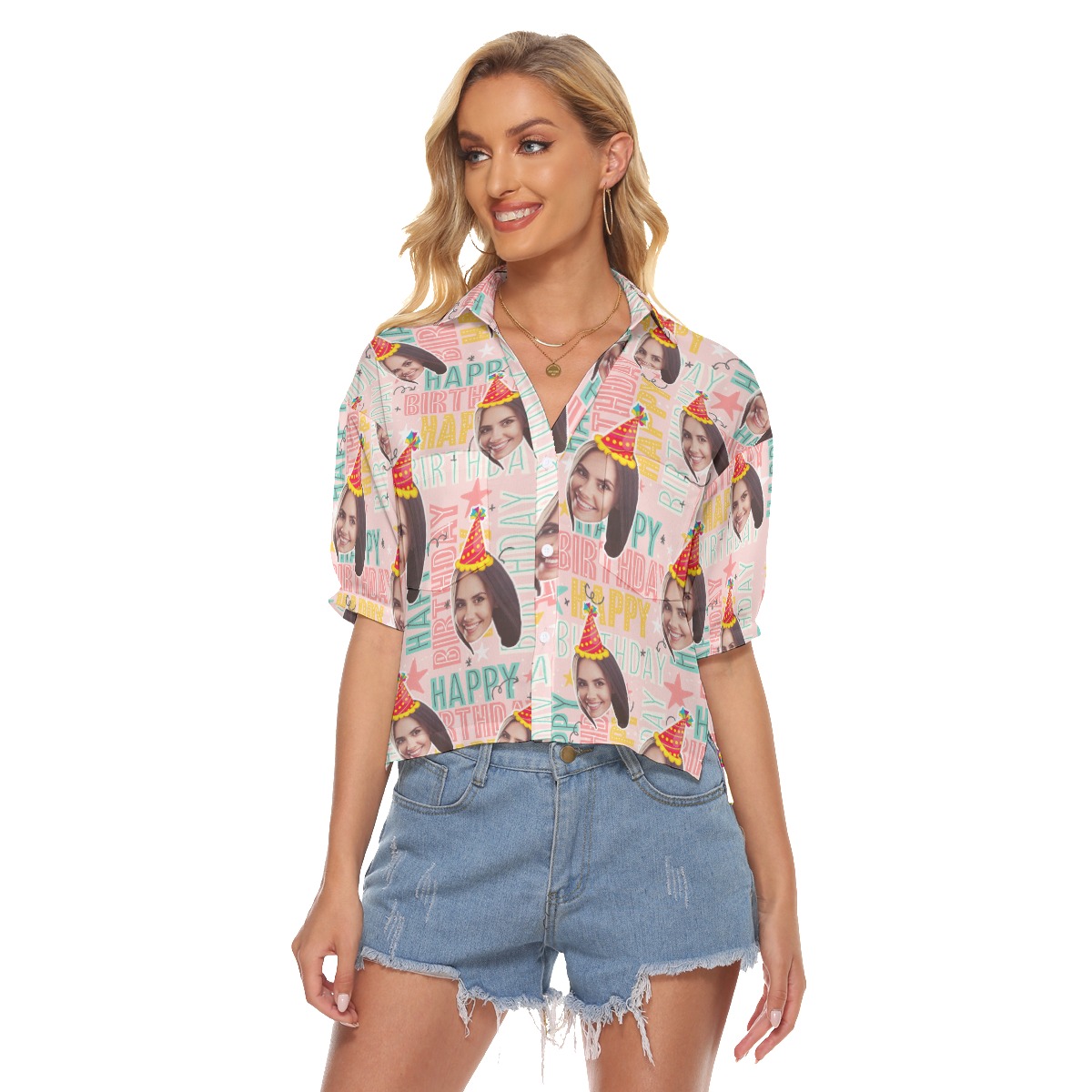 Happy Birthday Custom Face Hawaiian Cropped Shirt - variant image 1