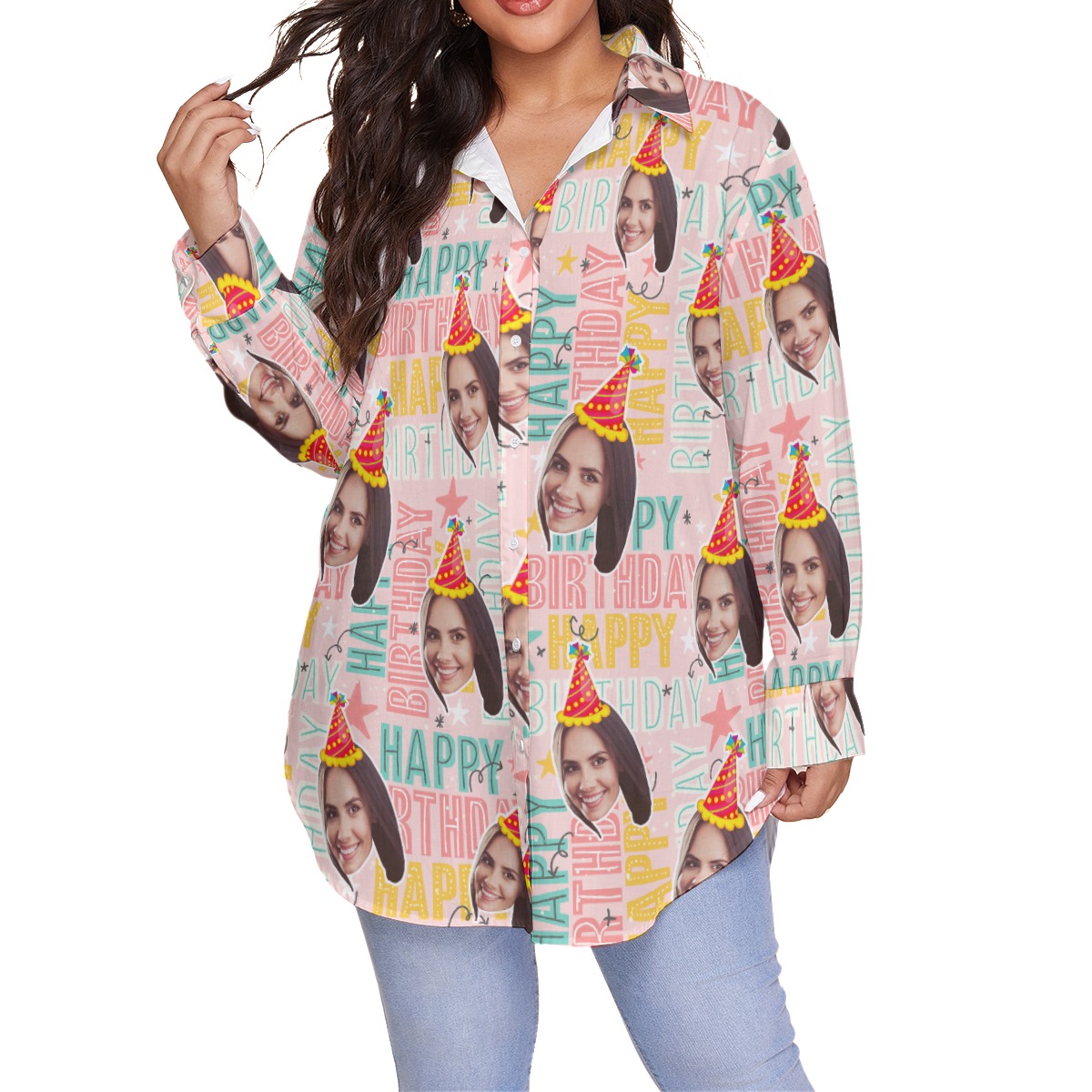 Custom Face Happy Birthday Pink Hawaiian Long Sleeve Shirt For Women - variant image 1