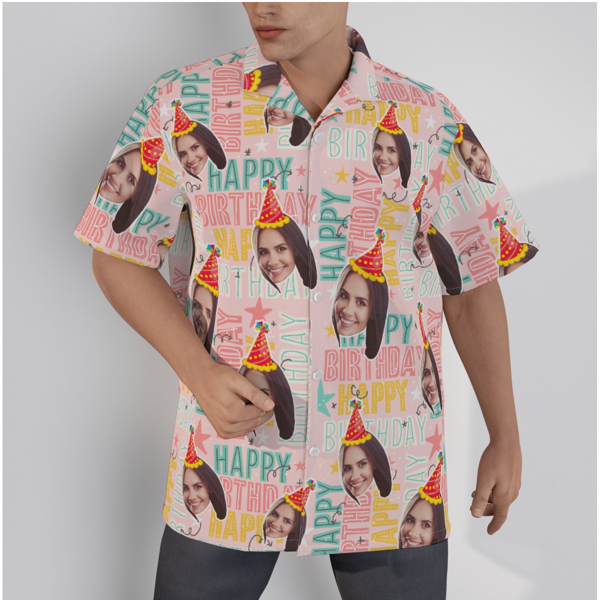 Happy Birthday Custom Face Pink Hawaiian Shirt - variant image 1